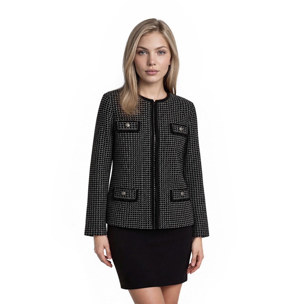 Ming Wang Open Knit Jacket Women's Size Small Black White Textured Contrast Trim